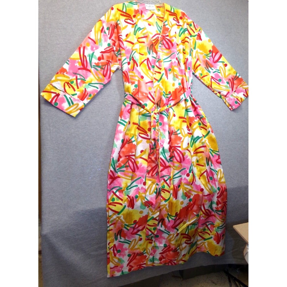 Vintage Mary McFadden Belted Robe Bright Colors Art Deco Print Size S USA Made